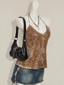 SHEIN ICON Y2k 颈部闪光棕色吊带西部复古波西米亚乡村音乐会派对娃娃装飘逸亮片吊带露背性感吊带背心夏季 - 棕色 - 查看 4