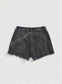 ROMWE Grunge Punk Spring/Summer Graphic Retro Street-Style Washed Gothic Cross Chain Print Women Low Waist Denim Shorts - Black - View 2