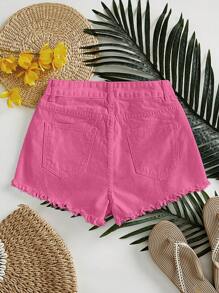 SHEIN Essnce Celana Pendek Denim Wanita Warna Pink Polos, Modis untuk Musim Panas - Hot Pink - View 2