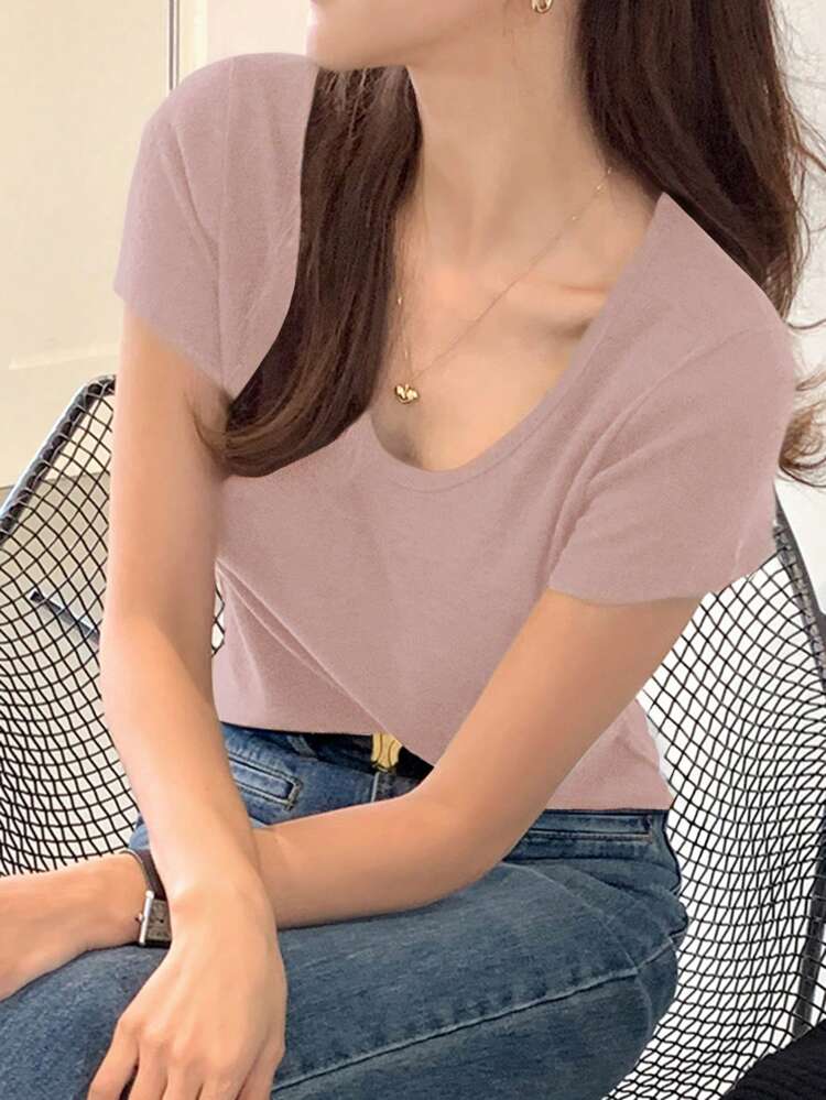 Women's Solid Color Crew Neck Short Sleeve Slim Fit Basic T-Shirt, Brown, Spring/Summer Preppy Tops