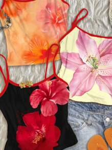 SHEIN EZwear 3 件套女士休闲紧身吊带背心套装，适合夏季和度假，芙蓉花、夏威夷风情、大花卉印花设计，夏季 - 彩色 - 查看 6