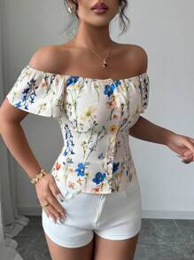 Elenzga Women's Vacation Floral Print One-Button Off-Shoulder Blouse