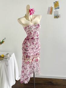 Soleia 女士浪漫雏菊印花蕾丝褶饰露肩低腰不对称下摆连衣裙，度假风 - 彩色 - 查看 4