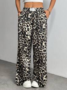 SHEIN PETITE Women's Leopard Print Woven Waistband Patchwork Wide Leg Street Trousers Pants - Multicolor - View 8