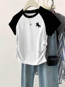 INAWLY 女式休闲百搭撞色拼布骑士印花褶饰 T 恤，夏季