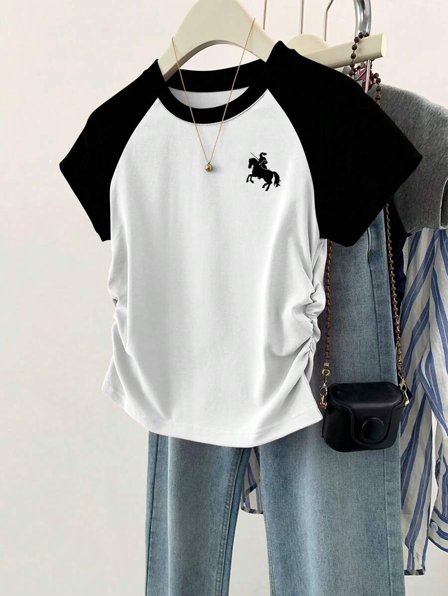 INAWLY 女式休闲百搭撞色拼布骑士印花褶饰 T 恤，夏季