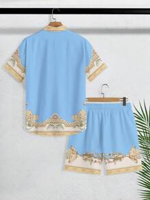 Manfinity KASUA Conjunto de camisa y pantalones cortos estampados vintage para hombre, conjunto informal de 2 piezas para verano, ropa de playa para hombres