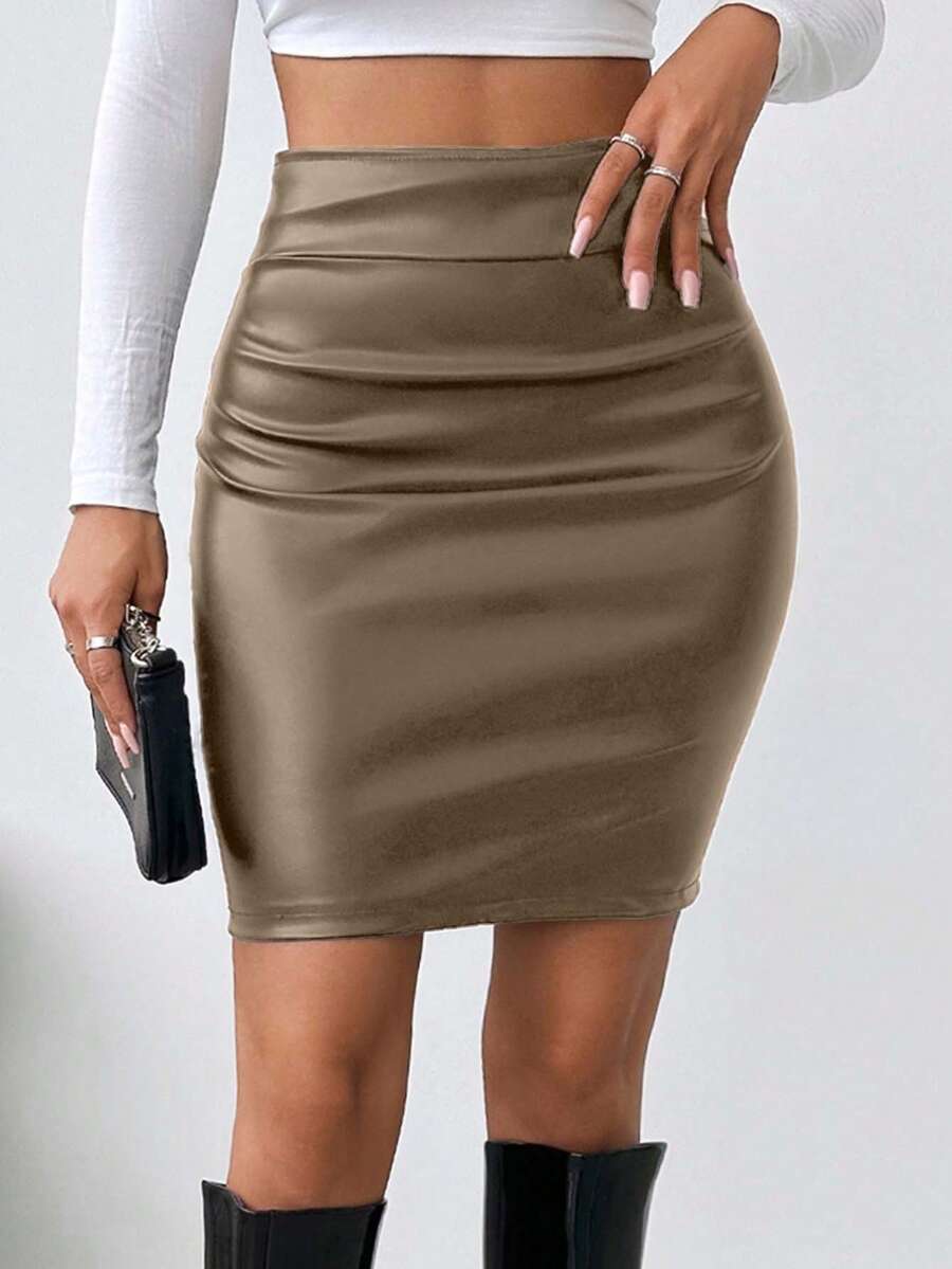 EURMUSE Saia feminina de cintura alta, cor sólida, slim fit, moda verão - Bege - Ver 1