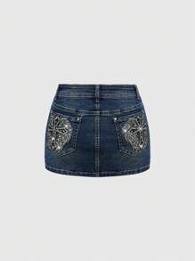 ROMWE J-Fashion Y2K Vintage Low-Waist Contrast Color Wing Embroidered Denim Mini Skirt For Women - Blue - View 5
