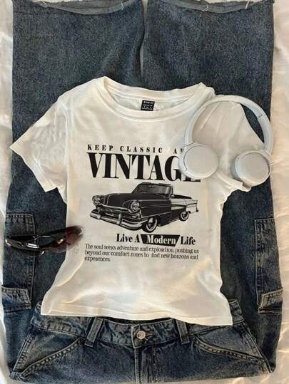 Attitoon Casual Fitted Round Neck Short Sleeve Women T-Shirt,Slightly Sheer Suitable For Summer, Retro Vintage Car Print Back To School