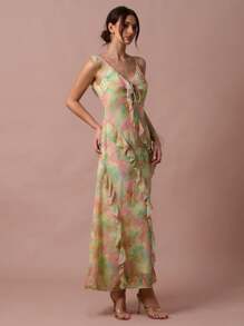 Enchnt 春夏浪漫女士绿色和粉色梦幻印花前系带荷叶边无袖露背长裙，甜美优雅，适合度假、约会、节日、派对、毕业典礼、婚礼宾客和海滩、舞会礼服、女士夏装、女士太阳裙、夏装、优雅派对礼服 - 彩色 - 查看 4