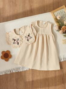 Blossori Baby Girls Country Holiday Style Floral Embroidered Collar Sleeveless Dress - Khaki - View 1
