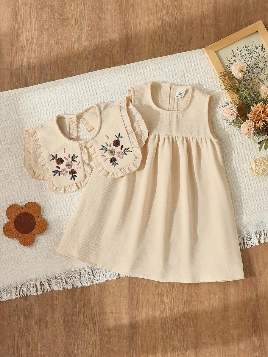 Blossori Baby Girls Country Holiday Style Floral Embroidered Collar Sleeveless Dress - Khaki - View 1