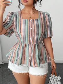 Elenzga 加大码条纹纹理面料收腰 A 字形设计衬衫 女士夏季服装 夏季服装 女士服装 女士上衣 优雅女士夏季衬衫 女士加大码服装 女士加大码服装 商务休闲女士上衣 女士衬衫 优雅女士衬衫 - 彩色 - 查看 5