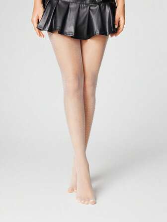Kawaii 1 Paio di collant da donna con cristalli strass bianchi e neri a righe verticali, adatti per tutte le stagioni
