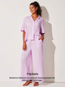 LUVLETTE Breathable Cotton Linen Basic Short-Sleeve Button-Up Top & Pants Loungewear Airy Pajama Set Fashion Casual Comfy Outfits Pants With Pockets  Lingerie As Outerwear