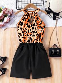 SHEIN Conjunto de top halter con hombros descubiertos y estampado de leopardo, talla grande pantalón corto con decoración de botones, para niños en verano - Naranja - Ver 2