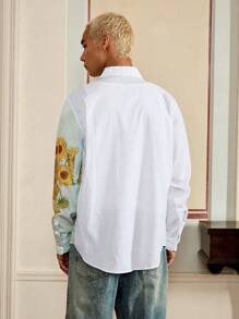 SWAVVY Men Cotton Sunflower Print Colour Block Shirt Without Tee - White - View 2