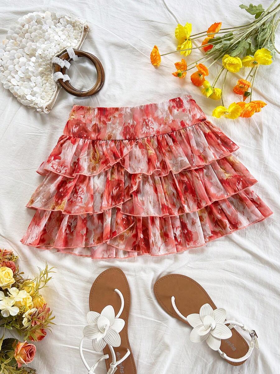 Soleia 女士多层荷叶边浪漫雪纺印花不对称下摆半身裙，适合派对、约会、下午茶、海滩、音乐节、狂欢节 - 彩色 - 查看 1