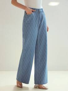 MOTF STUDIO 菱形花纹仿珍珠与水钻细节阔腿牛仔裤