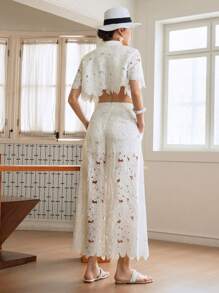 Arave 女士蕾丝两件套编织激光镂空刺绣短袖短款上衣阔腿裤，女士休闲度假装，/，女士服装，巡航女士服装，欧洲，女士度假装，2 件套，白色套装，女士生日装，蕾丝两件套，白色蕾丝两件套，两件套，两件套秋季女装秋季服装女士秋季秋装 - 白色 - 查看 4