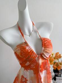 Sweetra Zufällig geschnittenes Blumenprint-Mesh-Top ohne Ärmel für Frauen