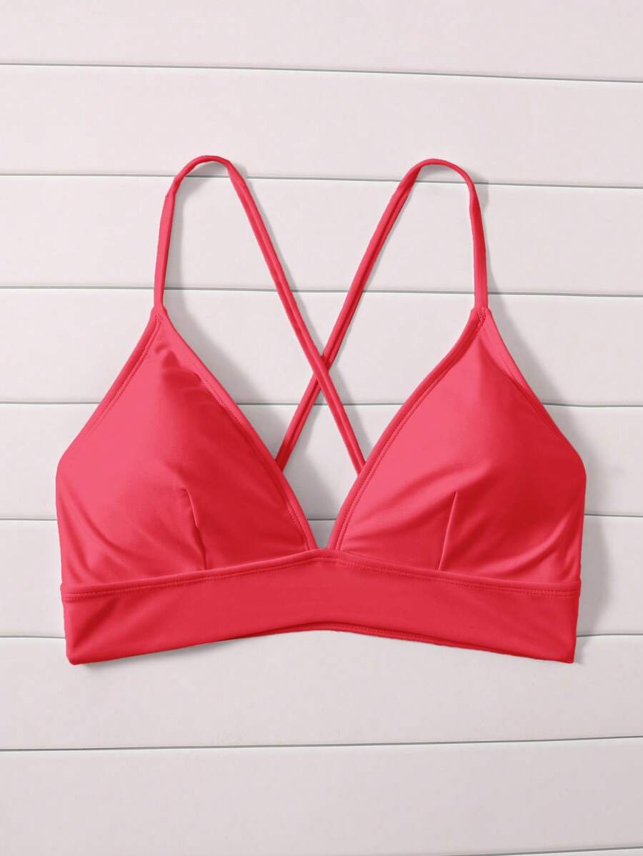 SHEIN Swim Women's Solid Color Criss-Cross Backless Bikini Top, Minimalistic Beach Vacation Style For Summer - Coral Pink - View 1