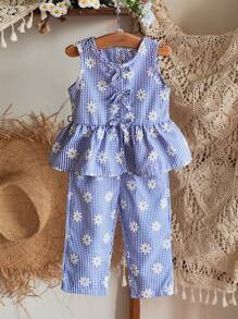 SHEIN Vintaside Kids 2 件套女婴夏季服装，蓝白条纹花卉印花无袖上衣搭配同款裤子套装，清新乡村风格，适合海滩、公园、日常穿着 - 彩色 - 查看 4