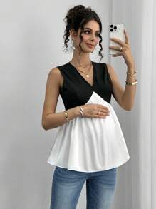 Momance Pregnant Woman's Casual Contrast Color V-Neck Sleeveless Summer Blouse