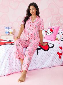HELLO KITTY AND FRIENDS | SHEIN 女士卡通图案前扣短袖上衣和裤子睡衣套装 - 粉色 - 查看 4