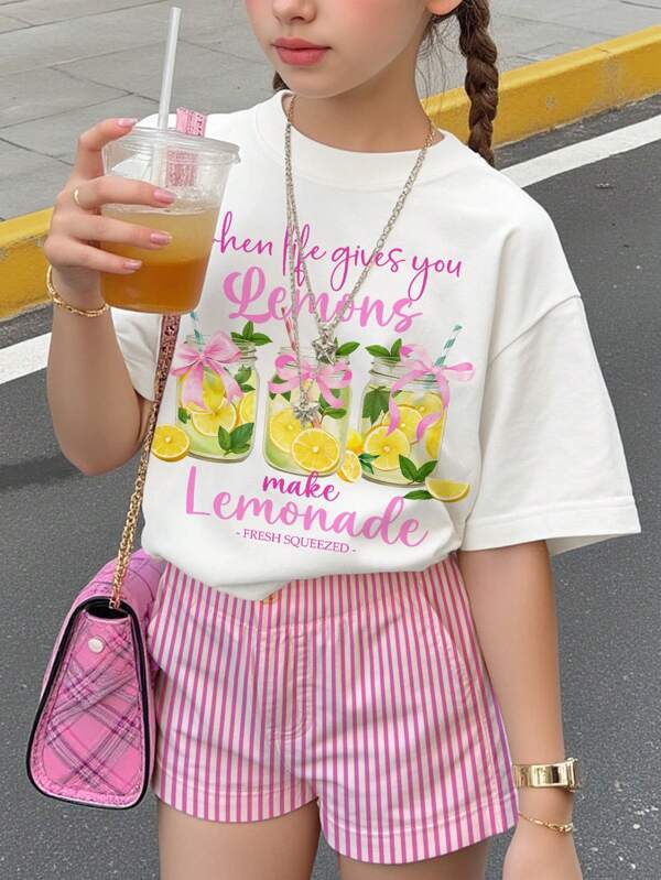 SHEIN Camiseta gráfica de verano relajado, con diseño de limón y lazo, con el eslogan "Cuando la vida te da limones, haz limonada", camiseta informal para adolescentes en verano