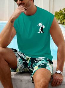 Manfinity RSRT Conjunto casual de chaleco cuello redondo y short con estampado total para hombres