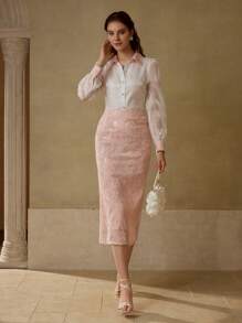 MOTF PREMIUM 提花花卉图案撞色亮片开衩直筒裙 - 粉色 - 查看 5