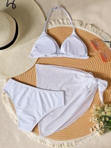 SHEIN Tween Girls' Solid White Casual Vacation Bikini Set With Mesh Wrap, 3 Piece