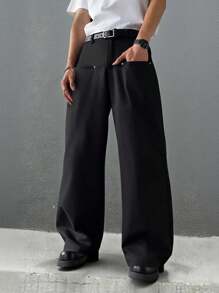 Manfinity Hypemode Men's Streetwear Black Loose Wide-Leg Pants,Autumn Casual Trousers For City Break,Vacation Travel,Daily Leisure,Weekend Trips&Semi-Formal Style - Black - View 5