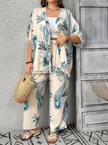 SHEIN Tall Casual Vacation Style Tassel Decor Random Print 2pcs Set, Plus Size Summer Women Clothes Curve Plus Vacation Women Clothes Curve Women Sets Two Pieces Two Pieces Summer Outfits Tall Women Clothes - Multicolor - View 3