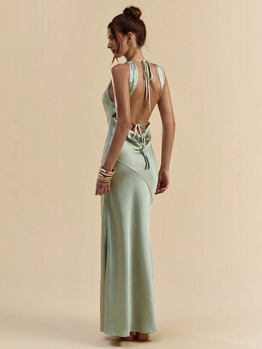 SHEIN BAE 春夏纯色鼠尾草绿色开心果露背细肩带长裙配腰带，优雅长裙，度假裙，伴娘裙，生日派对裙，返校毕业裙，绿色连衣裙