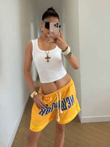 StreetHx Short con cordón, estampado con letras inglesas de color contrastante, de moda para el verano para mujer - Amarillo - Ver 4