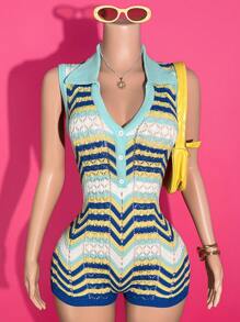 Slaydiva 2025 Summer New Graduation Season Student Daily Casual Vacation Cruise Travel Beach Sunbathing Viral Hit Polo Collar Button Cardigan Contrast Stripe Crochet Mesh Women Jumpsuit