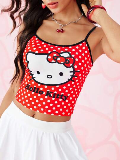HELLO KITTY AND FRIENDS | SHEIN Women's Casual Cute Cartoon Letter & Dot Print Contrast Binding Slim Fit Crop Cami Top, Summer