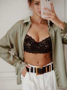 LUVLETTE 女士内衣休闲曲线半罩杯聚拢透气钢圈性感无衬里黑色蕾丝优雅网眼迷你文胸新娘内衣