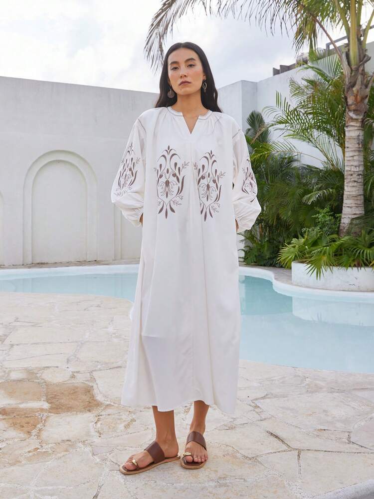 Women's V-Neck Bohemian Style Floral Allover Print Straight Knee-Length Dress, Lantern Sleeve, Spring, Summer, Autumn Cruise Outfit For Women Maxi Dress Boho