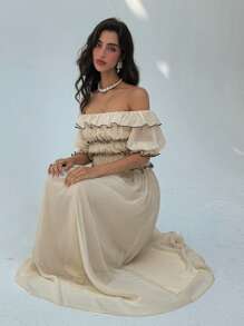 Aloruh Women's Romantic Off Shoulder Ruffle Hem Extra Long Dress - Apricot - View 1