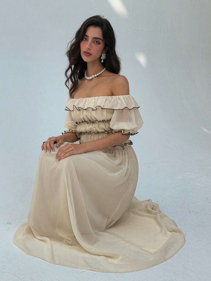 Aloruh Women's Romantic Off Shoulder Ruffle Hem Extra Long Dress - Apricot - View 1