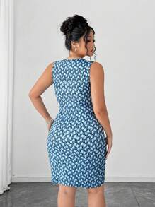 Elenzga Plus Size Women's Knit Summer Printed Elegant Commuter Fitted V-Neck Button Decor Slit Bodycon Blue Dress - Blue - View 2