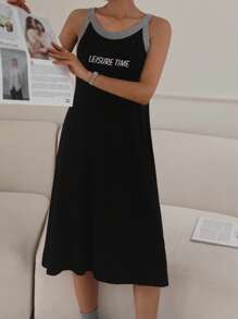 DAZY Letter Print Contrast Color Block Sleeveless Long Nightgown Dress For Women Pajama - Black - View 5