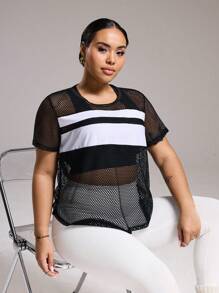 Easithlete 大码网眼拼布撞色双杆短袖圆领运动上衣，春夏