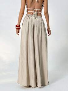 Aloruh 宽松纹理休闲阔腿裤，夏季度假装 - 杏色 - 查看 3