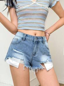 K-Vae Women's Casual Distressed Denim Shorts - Light Wash - View 3