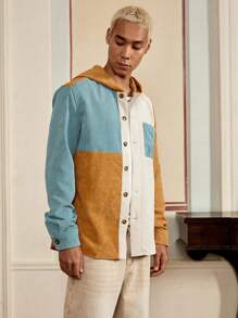 SWAVVY Camicia con cappuccio in velluto a coste ampio taglio, con inserti a blocchi di colore e tasche, per uomo (senza maglietta sottostante)